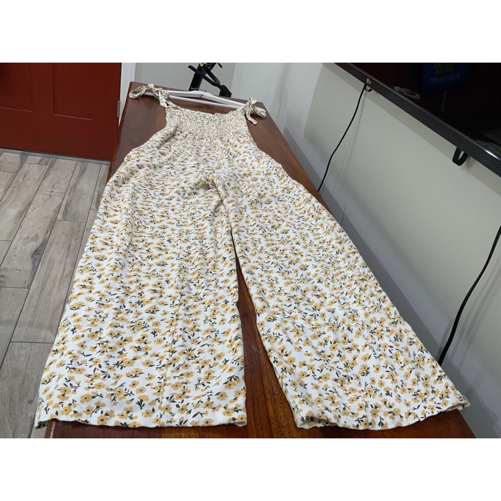Abercrombie & Fitch Womens Smocked Floral Jumpsuit Yellow White Wide Leg XS